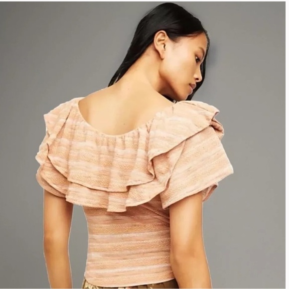 Free people ruffle off shoulder top blouse nude pink NWT stripe - Picture 6 of 6